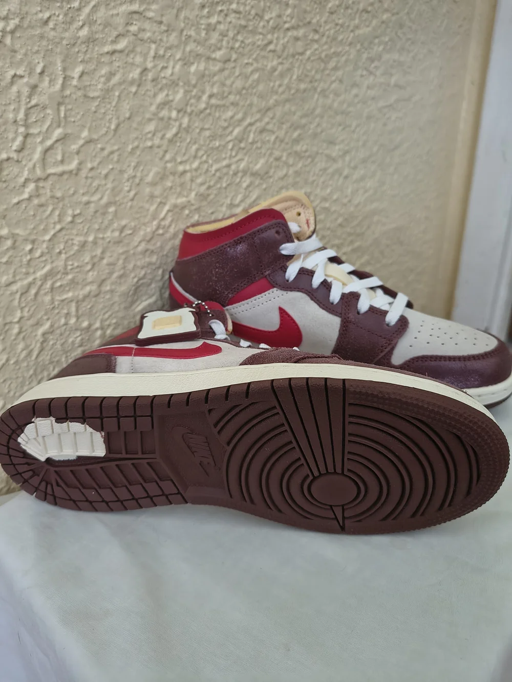 Kids Jordon 1 Mid-Top  Coconut Milk Sneakers in Maroon, Cream and Red